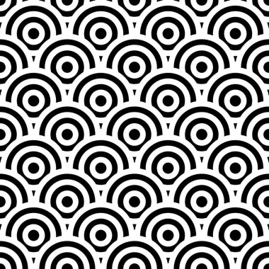 Balık pullu duvar kağıdı. Tekrarlanan deniz taraklarıyla geleneksel Asya süsü. Tekrarlanan siyah daireler ve beyaz arka planda yarım daireler. Yüzüklerle kusursuz yüzey dizaynı. Vinil motifi. Vektör.