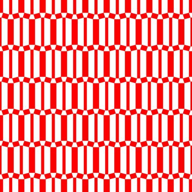 Beyaz zemin üzerinde tekrarlanan kırmızı geometrik şekiller. Simetrik trapezyum süslemeli kusursuz yüzey desenli tasarım. Poligonlar duvar kağıdı. Dört köşeli motif. Web tasarımı için dijital kağıt. Vektör