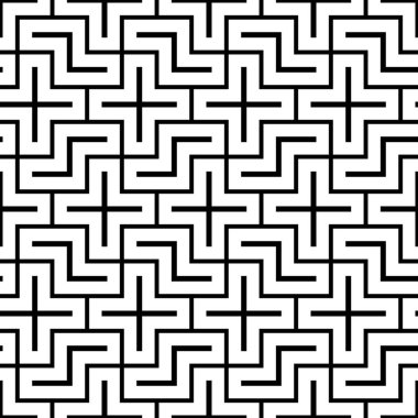 Beyaz arka planda tekrarlanan siyah yapboz. Mantıksal mozaik süslemeli kusursuz yüzey dizaynı. Tetris motifi. Şebeke duvar kağıdı. Sayfa dolguları için dijital kağıt, web tasarımı, tekstil baskısı. Vektör.