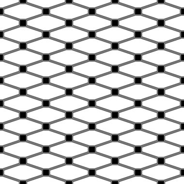 Beyaz arka planda tekrarlanan siyah figürler ve çizgiler. Geometrik duvar kağıdı. Uzamış sekizgen ve kareleri olan kusursuz yüzey desenli tasarım. Elmas motifi. Tekstil baskısı için dijital kağıt.