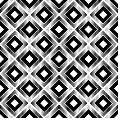 Tekrarlanan siyah elmaslar ve vuruşlar. Duvar kağıdı gibi. Eşkenar dörtgen süslemeli kusursuz yüzey dizaynı. Pastil motifi. Sayfa dolguları için dijital kağıt, tekstil baskısı, web tasarımı. Etnik vektör