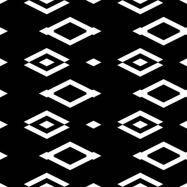 Siyah arkaplanda tekrarlanan beyaz eşkenar dörtgenler ve parantezler. Etnik duvar kağıdı. Pırlanta ve simge desenli kusursuz yüzey tasarımı. Tekstil baskısı için dijital kağıt. Vektör sanatı.
