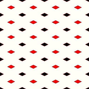 Pırlanta süslemeli kusursuz yüzey dizaynı. Pastil motifi. Beyaz arkaplanda çizgileri olan tekrarlanan kırmızı ve siyah eşkenar dörtgenler. Süslü duvar kağıdı. Tekstil baskısı için dijital kağıt. Vektör