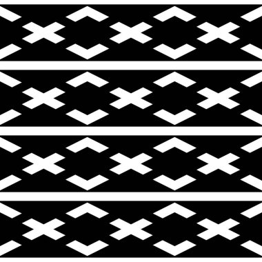Haçlar, parantezler ve çizgi süslemeleri olan kusursuz yüzey desenli tasarım. Nakış motifi. Siyah arka planda tekrarlanan beyaz figürler. Etnik duvar kağıdı. Sayfa doldurma ve tekstil baskısı için dijital kağıt.