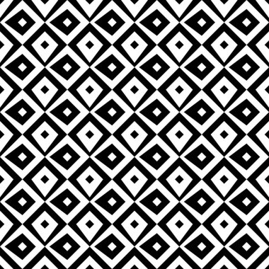 Beyaz arka planda tekrarlanan siyah figürler. Etnik duvar kağıdı. Eşkenar dörtgen süslemeli kusursuz yüzey dizaynı. Poligon motifi. Tekstil baskısı için dijital kağıt, web tasarımı. Vektör