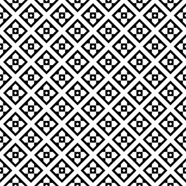 Beyaz arka planda tekrarlanan siyah figürler ve eşkenar dörtgenler. Etnik duvar kağıdı. Pırlanta süslemeli kusursuz yüzey dizaynı. Geometrik motif. Tekstil baskısı için dijital kağıt, web tasarımı