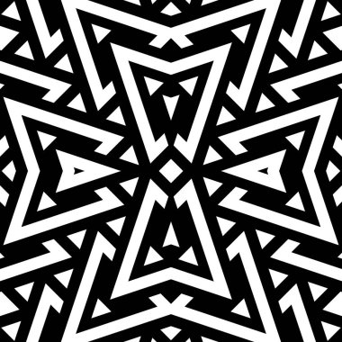 Siyah arka planda beyaz figürler. Etnik süs. Tekrarlanan simetrik şekiller duvar kağıtları. Kusursuz süs desenli yüzey tasarımı. Sayfa doldurmak için dijital kağıt, web tasarımı, tekstil baskısı. Vektör