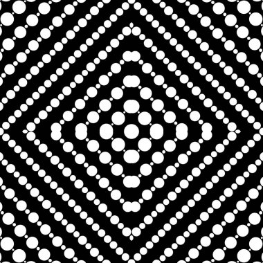 Simetrik geometrik süslemeli kusursuz yüzey deseni. Yuvarlak benekli doku. Beyaz daireler siyah arka planda soyut. Puantiyeli motif. Dijital kağıt ve web tasarımı için. Vektör sanatı illüstrasyonu