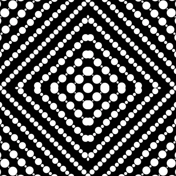 Simetrik geometrik süslemeli kusursuz yüzey deseni. Yuvarlak benekli doku. Beyaz daireler siyah arka planda soyut. Puantiyeli motif. Dijital kağıt ve web tasarımı için. Vektör sanatı illüstrasyonu