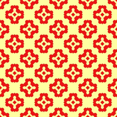 Kusursuz yüzey desenli tasarım. Sarı arka planda tekrarlanan kırmızı figürler. Simetrik soyut duvar kâğıdı. Doğulu fayans motifi. Tekstil baskısı için dijital kağıt, sayfa doldur. Vektör sanatı illüstrasyonu