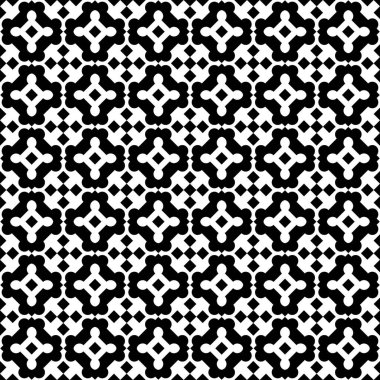 Kusursuz yüzey desenli tasarım. Siyah arka planda tekrarlanan beyaz figürler. Simetrik soyut duvar kâğıdı. Doğulu fayans motifi. Tekstil baskısı için dijital kağıt, sayfa doldur. Vektör sanatı illüstrasyonu