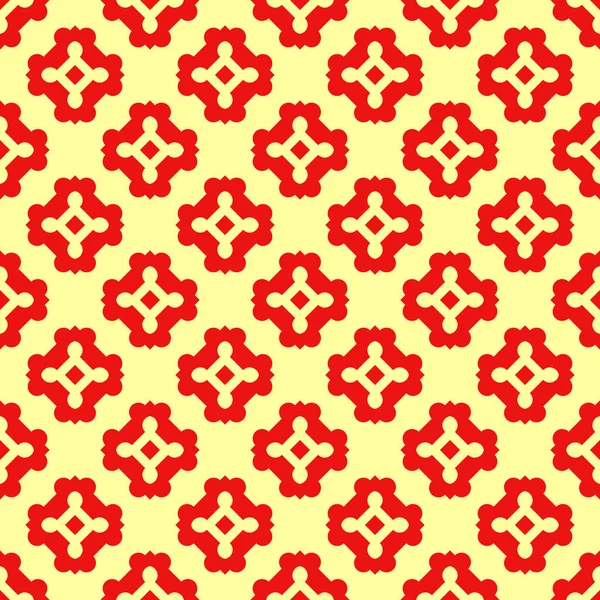 Kusursuz yüzey desenli tasarım. Sarı arka planda tekrarlanan kırmızı figürler. Simetrik soyut duvar kâğıdı. Doğulu fayans motifi. Tekstil baskısı için dijital kağıt, sayfa doldur. Vektör sanatı illüstrasyonu