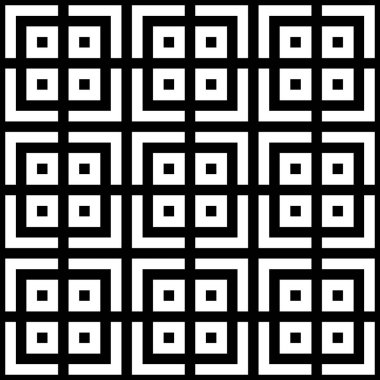 Kusursuz Çin cam izleme yüzey deseni tasarımı. Tekrarlanan beyaz kareler, siyah arkaplanda açı parantezleri. Eski bir etnik süs duvar kâğıdı. Doğu motifi, tekstil baskısı. Vektör sanatı.