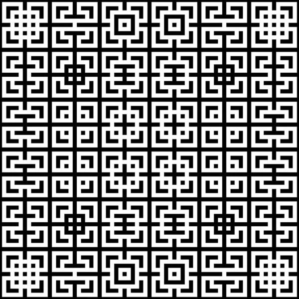 シームレスな中国のウィンドウトレースパターン 白を基調とした様式化された黒の四角形 対称幾何学抽象壁紙 トレリスのモチーフ デジタルペーパー テキスタイルプリント ベクターイラスト — ストックベクタ