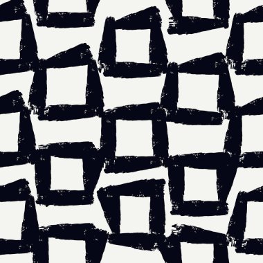 Boya fırçası pürüzsüz bir desen oluşturur. Freehand grunge tasarım arka planı. Kare motifli modern asgari süs. Moda el çizimi geometrik baskı. Sanatsal el, soyut vektör duvar kağıdı çizmiş
