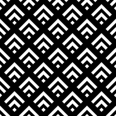 Kusursuz Çin cam izleme deseni tasarımı. Beyaz arka planda tekrarlanan siyah elmaslar ve açı parantezleri. Deniz tarağı süsü. Ölçekli görüntü. Eski Japon deniz tarağı motifi. Squama. Vektör sanatı