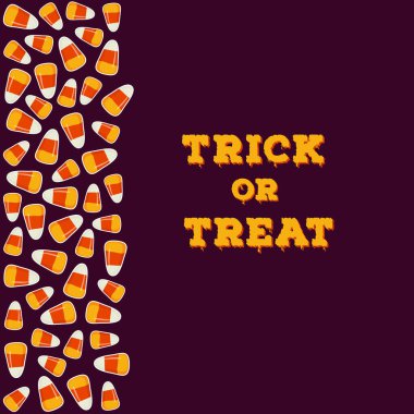 Dikey kenarı koyu arkaplandaki küçük mısır şekerlerinden yapılmış bir yazı. Cadılar Bayramı konsepti tebrik kartı, poster. Vektör illüstrasyonu.