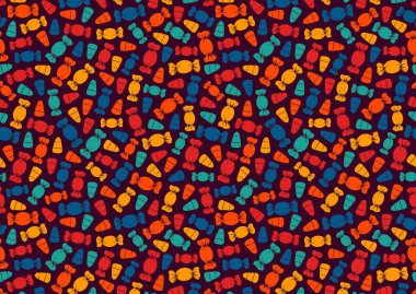 Şekerli şekerlemeli desen. Cadılar bayramı geçmişi. Şaka mı şeker mi duvar kağıdı mı? Tekrarlanan şeker siluetleri izi. Çocuk albümü dijital kağıt, tekstil baskısı, sayfa doldurma. Vektör illüstrasyonu