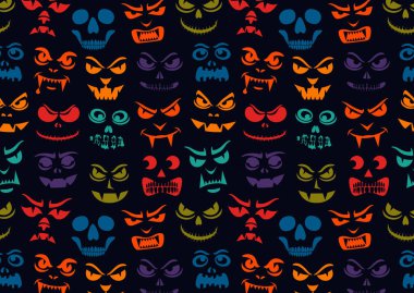 Komik canavar deseni. Cadılar Bayramı balkabakları oyulmuş yüz siluetleri. Tatil çizgi film karakterlerinin geçmişi. Vampirler, iskeletler, şeytani şablonlar. Çocuk albümü dijital kağıt, tekstil baskısı