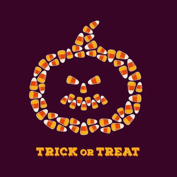 Trick Treat Nápis Jack Lucerna Silueta Malých Cukrovinek Kukuřice Hromádka — Stockový vektor