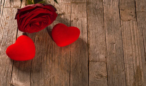 Valentine Day Background Red Hearts Old Wooden Table — Stock Photo, Image