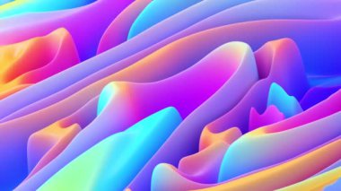 Değişen çok renkli renk dalgalarının soyut arkaplanı. Dalga renklerinin 3 boyutlu animasyonu, holografik renkler, dokular, dalgalanmalar.