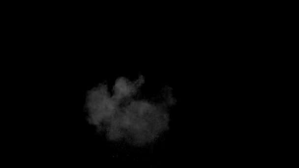 Грязные удары 4К, взорвать пыль на стене с кусками обломков, вылетающих наружу. Взрыв порошка на черном фоне. Удар пылевых частиц. Взрыв пыли на черном фоне, замедленная съемка. VFX — стоковое видео