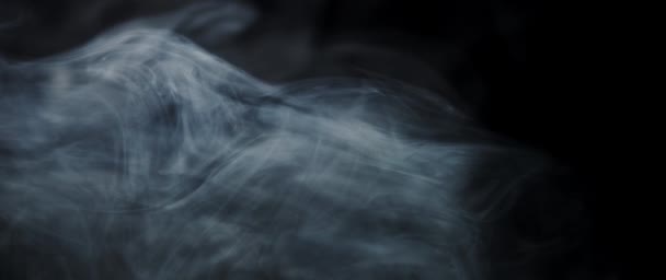 Humo blanco abstracto en cámara lenta. Humo, nube de niebla fría en el fondo del punto de luz. Luz, blanco, niebla, nube, fondo negro, 4k — Vídeos de Stock