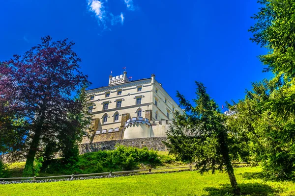 Trakoscan castle travel destination. / Scenic view at old historical castle in Northern Croatia, Trakoscan, croatian tourist resort.