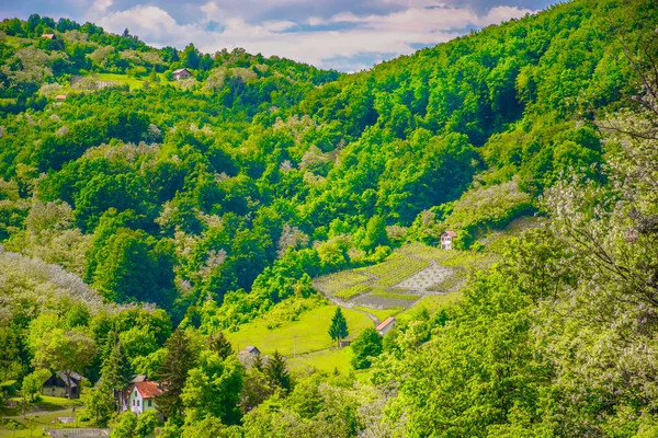 Zagorje 县空中风景 在克罗地亚多彩的山上鸟瞰 Zagorje 地区热门旅游胜地 — 图库照片