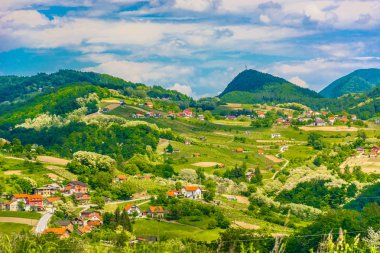 Zagorje landscape aerial scenic. / Aerial view at countryisde in Zagorje region, popular travel destination in Croatia, Europe.  clipart