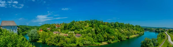 Ozalj Panorama Vzdušných Scenérií Panorama Barevné Krajiny Městě Ozalj Turistické — Stock fotografie