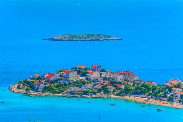 Sevid Adriatic Sea summertime. / Aerial view small picturesque town Sevid in Dalmatia region, Croatia, summer travel places.