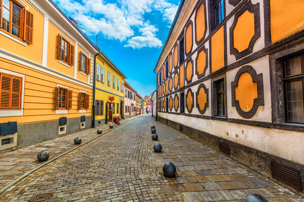 Baroque street Varazdin town. / Scenic view at colorful baroque street in city center of Varazdin town, Croatia Europe. 
