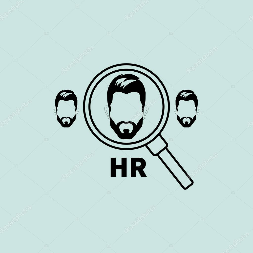 HR icon, human resources logo, magnifying glass and choice. Vector illustration