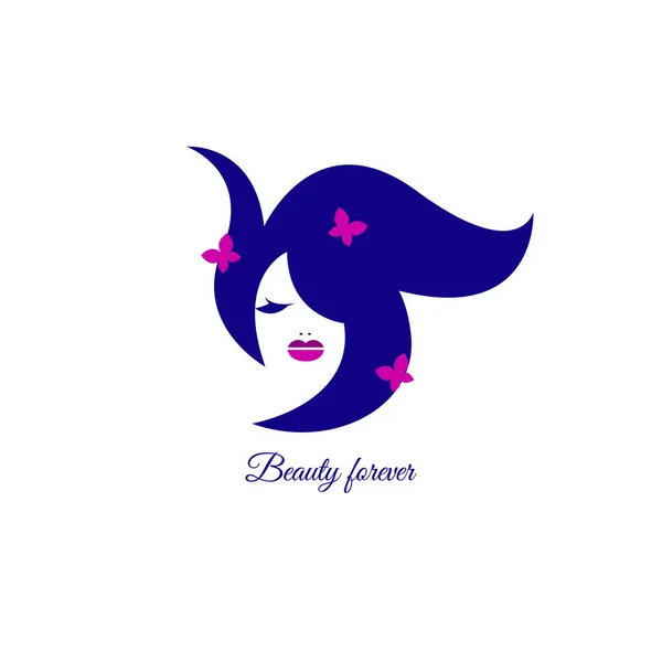 Logo beauty salon, hair salon, feminine face and flowing curls, hair, feminine girl icon, spa. Vector illustration