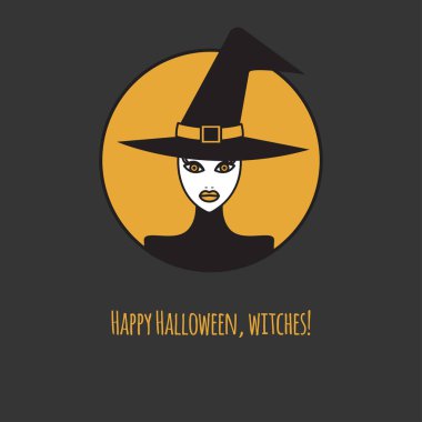 Güzel cadı, mutlu Cadılar Bayramı kartı, şapkalı, etiket Halloween cadı. Vektör çizim