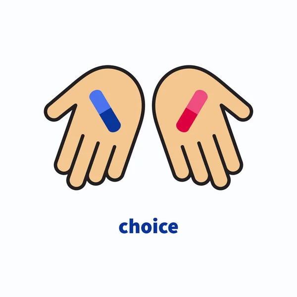 Choix Pilule Bleue Rouge Deux Pilules Sur Les Paumes Vecteur — Image vectorielle
