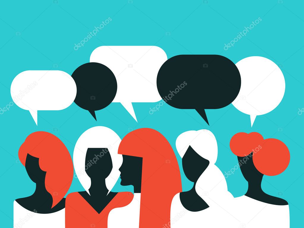 Association of women, community, womens unity, girls talking, girls chatting,  bubble text, online communication, female solidarity Vector illustration