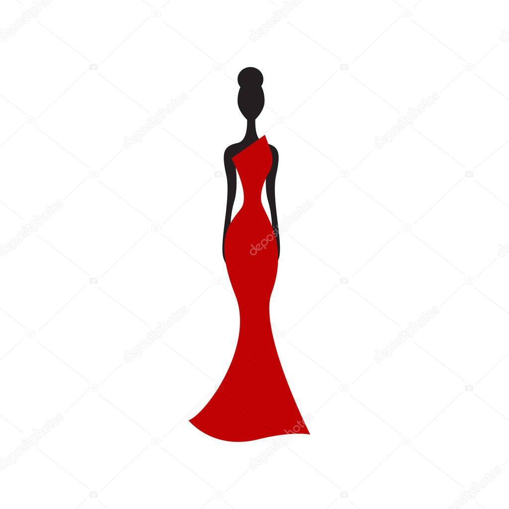 Silhouette of slender woman in long evening dress,  party dress, classic style of womens evening wear. Vector illustration
