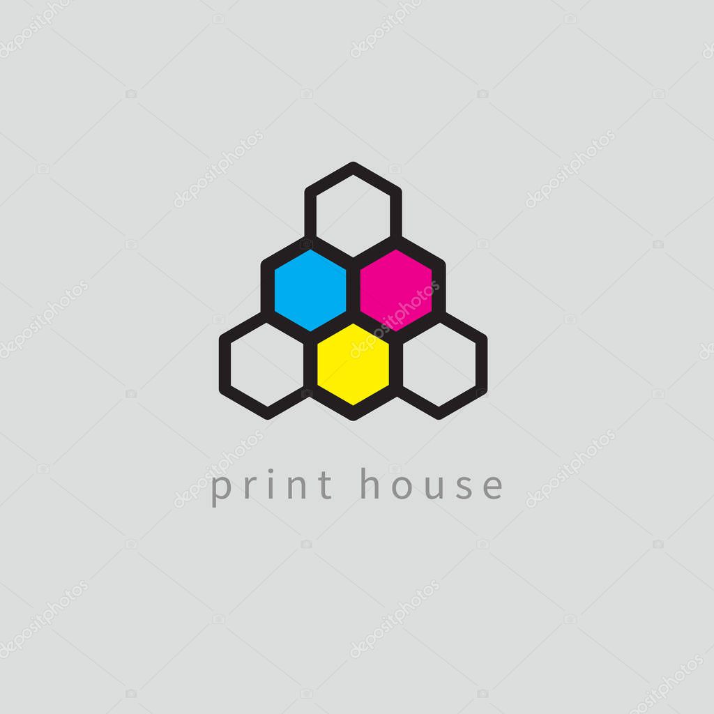Icon printing, logo print, cmyk and rgb  color model, color honeycomb, vector icon print house