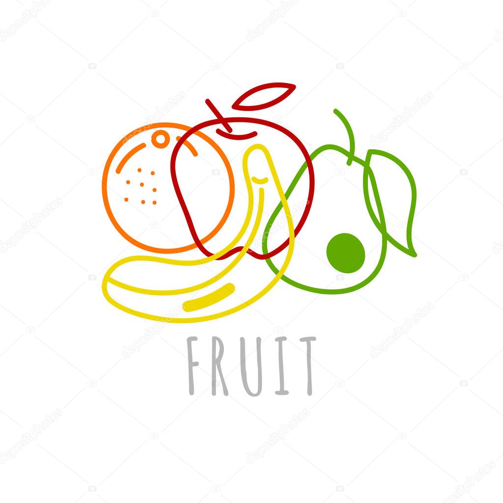 Sketch fruit, line icon fruit - apple, banana, orange, pear, element farm products logo, vector hand drawn outline fruit