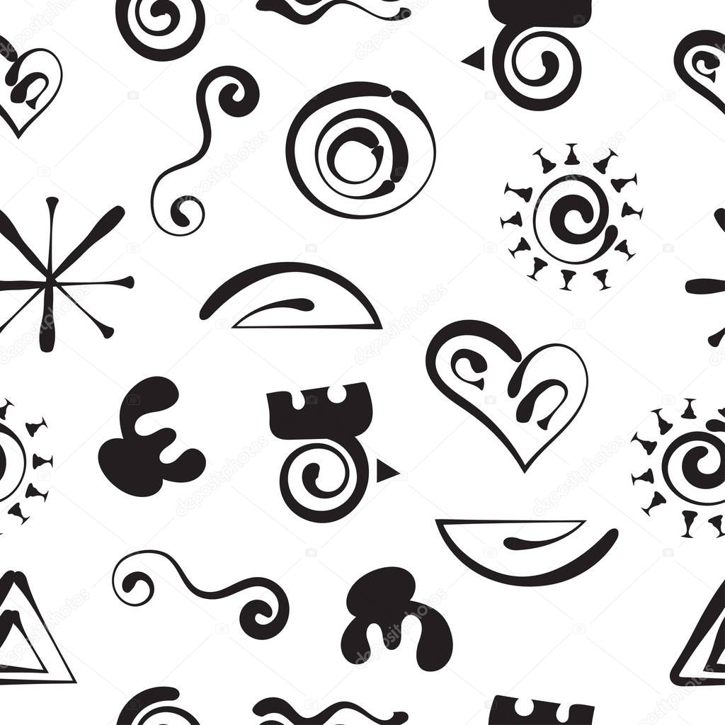 Aztecs seamless pattern, paper wrapping, primitive ancient stylized tribal symbols, stylish vector doodle cartoon background with funny abstract shapes
