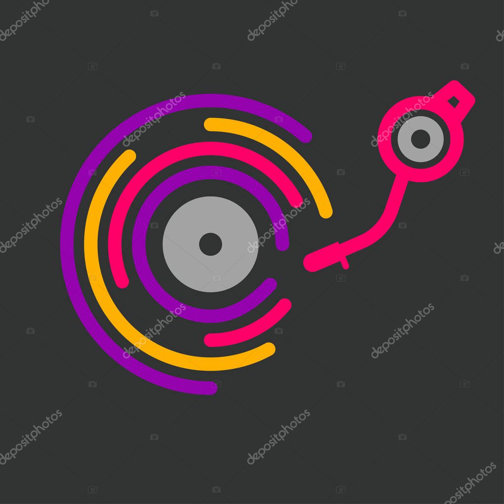 Dj line logo, music festival icon, spinning plate with needle in flat style. Vector illustration