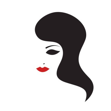 Logo moda blogger, güzel soyut kadın yüzü, makyaj ve siyah saçlı kız. Güzellik Salonu simgesi. Vektör çizim
