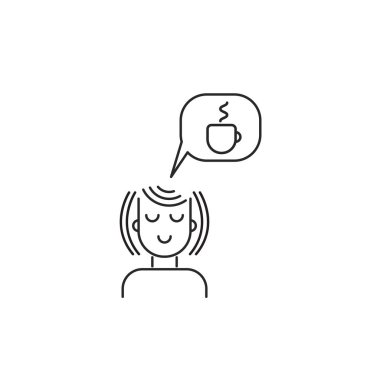 Rüya kadın kahve molası, çay satırı simgesi, cuo kahve, bir fincan hakkında düşünme kız evrenin geri kalanı. Doğrusal vektör çizim