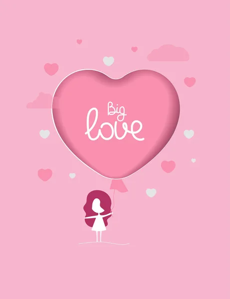 Postal Con Chica Globo Rosa Con Letras Gran Amor Banner — Vector de stock