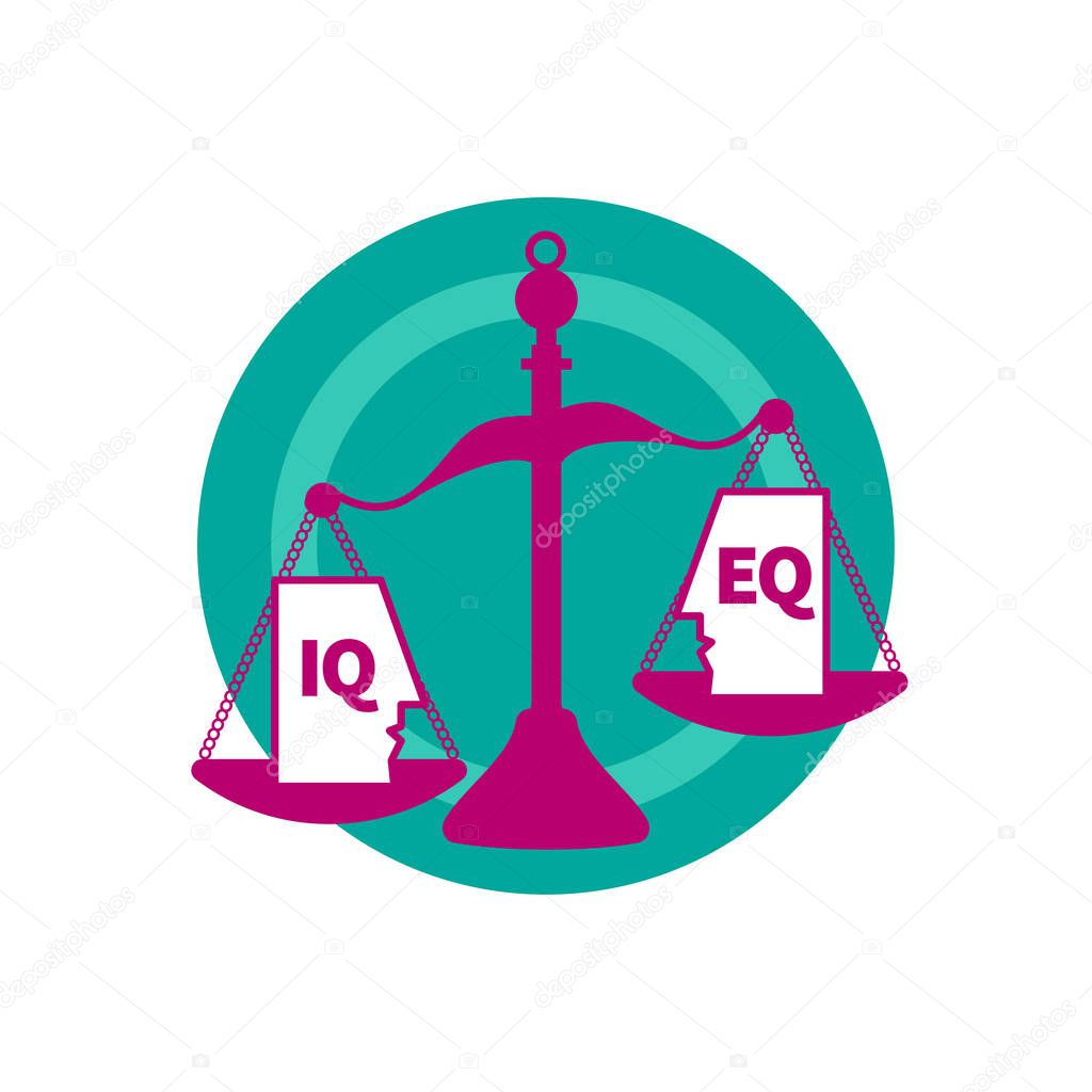 IQ and EQ icon, two abstract people on scales, concept of emotional and intellectual coefficient. Vector illustration