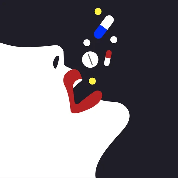 女性は多すぎる薬を服用薬の過剰摂取中毒自殺ベクトルフラット漫画イラスト — ストックベクタ