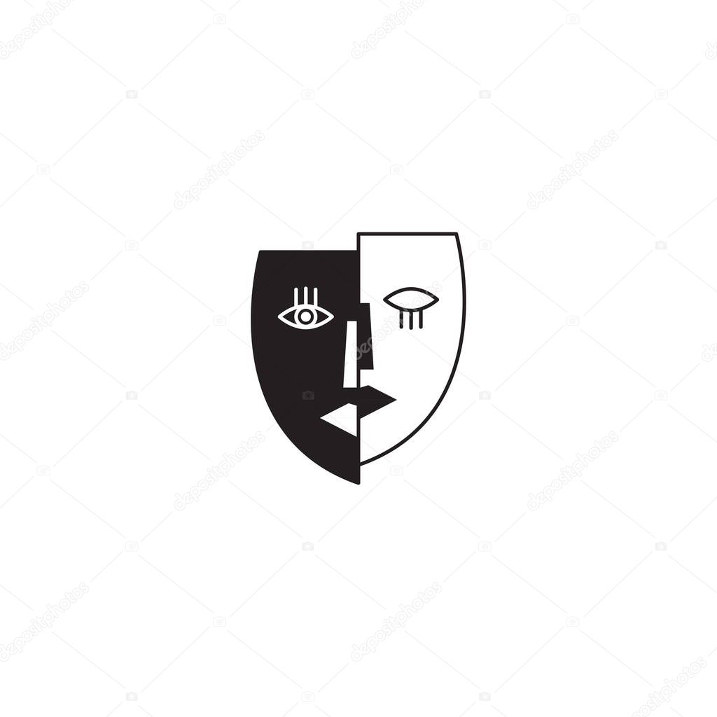 Split personality icon, two half of faces, abstract mask, mental illness icon, schizophrenia, abstract art. Vector pictogram